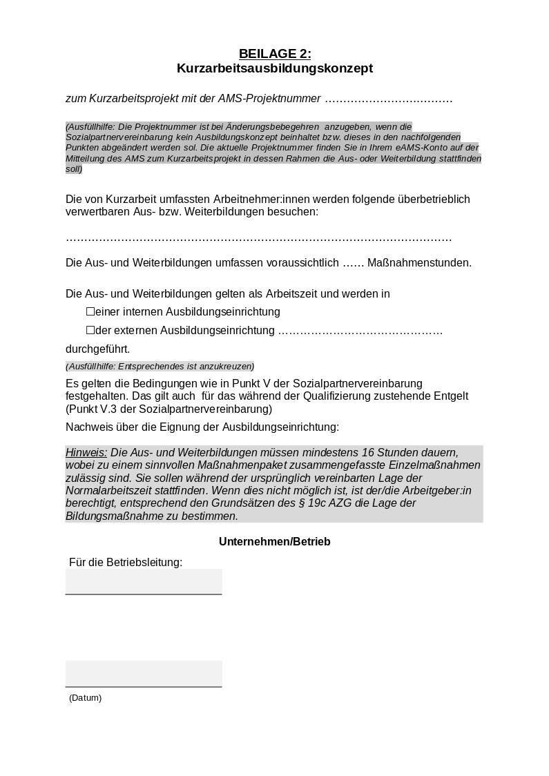 Kurzarbeitsausbildungskonzept: SPV-Einzelvereinbarung ohne BR